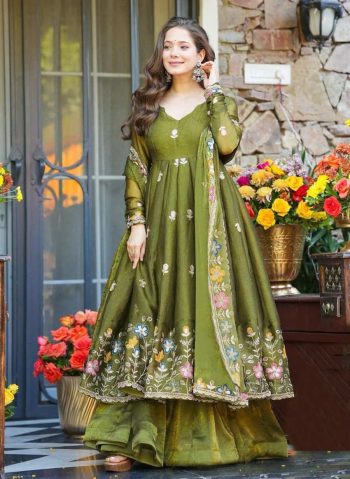 RICH LOOK CRUNCHY SILK FLORAL MOTIF THREAD EMBROIDERY WORK ANARKALI PALAZZO WITH DUPATTA MEHNDI