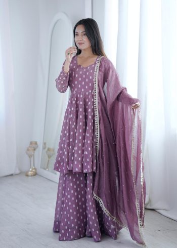 RICH LOOK CRUNCHY SILK JACQUARD BUTTI WORK TOP PALAZZO WITH DUPATTA LAVENDER