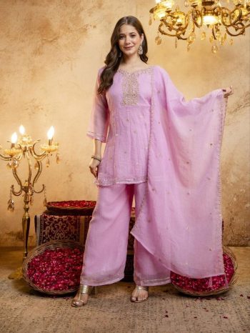 RICH LOOK CRUNCHY SILK SEQUENCE CODING EMBROIDERY WORK TOP PALAZZO WITH DUPATTA BABY PINK