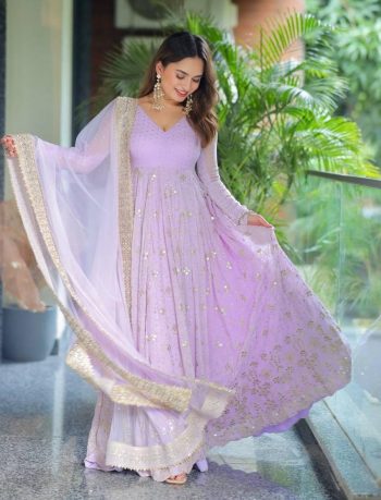 RICH LOOK FAUX BLOOMING FOIL WITH SEQUENCE + ZARI EMBROIDERY WORK ANARKALI BOTTOM WITH DUPATTA LAVENDER