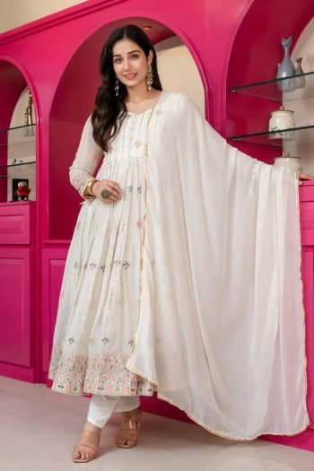 RICH LOOK FAUX BLOOMING ZARI EMBROIDERY  SEQUENCE WORK ANARKALI GOWN BOTTOM WITH DUPATTA WHITE