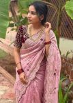 RICH LOOK FENDY SATIN EMBROIDERY WORK WITH SEQUENCE AND CUT WORK BORDER SAREE WITH STITCHED BLOUSE BABY PINK