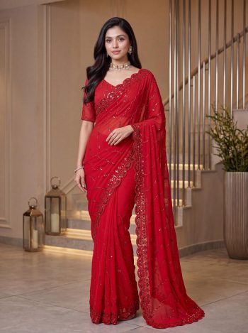 RICH LOOK FENDY SATIN TONE TO TONE BEADS,SEQUENCE,PEARLS  EMBROIDERY WORK SAREE WITH UNSTITCHED BLOUSE RED