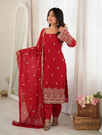 RICH LOOK GEORGETTE BEADS WITH SEQUENCE & THREAD WORK TOP BOTTOM WITH DUPATTA RED
