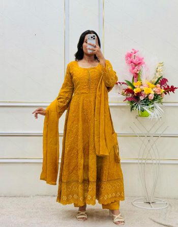 RICH LOOK GEORGETTE EMBROIDERY 3&5 MM SEQUENCE WORK GOWN BOTTOM WITH DUPATTA YELLOW