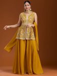RICH LOOK GEORGETTE EMBROIDERY SEQUENCE WORK TOP PALAZZO WITH DUPATTA YELLOW