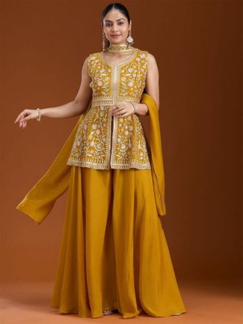 RICH LOOK GEORGETTE EMBROIDERY SEQUENCE WORK TOP PALAZZO WITH DUPATTA YELLOW