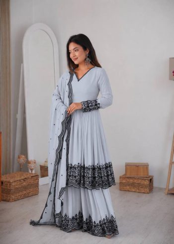 RICH LOOK GEORGETTE EMBROIDERY & THREAD WORK TOP PALAZZO WITH DUPATTA PASTEL BLUE