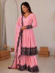 RICH LOOK GEORGETTE EMBROIDERY & THREAD WORK TOP PALAZZO WITH DUPATTA PINK