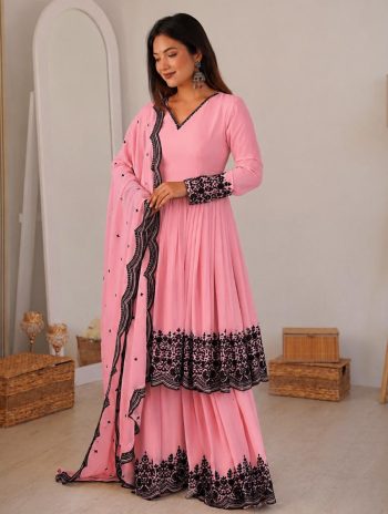 RICH LOOK GEORGETTE EMBROIDERY & THREAD WORK TOP PALAZZO WITH DUPATTA PINK