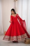 RICH LOOK GEORGETTE PAPER MIRROR EMBROIDERY SEQUENCE WORK  GOWN BOTTOM WITH DUPATTA RED