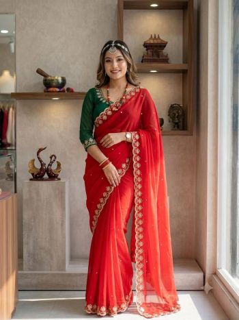 RICH LOOK GEORGETTE SEQUENCE EMBROIDERY WORK SAREE WITH UNSTITCHED BLOUSE RED