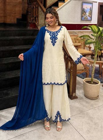 RICH LOOK GERMAN CHINON EMBROIDERY THREAD WORK  TOP PALAZZO WITH DUPATTA OFF WHITE AND BLUE