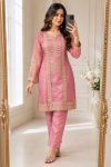 RICH LOOK GMY SILK EMBROIDERY SEQUENCE THREAD WORK TOP PENT SET BABY PINK