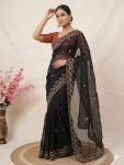 RICH LOOK GMY SILK EMBROIDERY  WORK WITH BADLO ZARI AND CUT WORK SAREE WITH UNSTITCHED BLOUSE BLACK