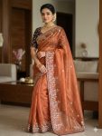 RICH LOOK GMY SILK EMBROIDERY  WORK WITH BADLO ZARI AND CUT WORK SAREE WITH UNSTITCHED BLOUSE CHIKU