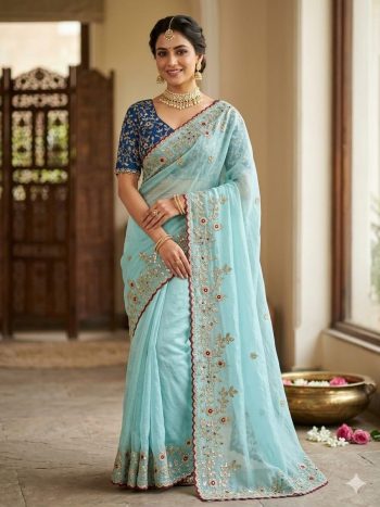 RICH LOOK GMY SILK EMBROIDERY  WORK WITH BADLO ZARI AND CUT WORK SAREE WITH UNSTITCHED BLOUSE SKY