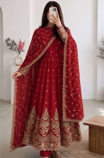 RICH LOOK JELLY SHIMMER SILK EMBROIDERY CODING & SEQUENCE WORK  GOWN BOTTOM WITH DUPATTA RED