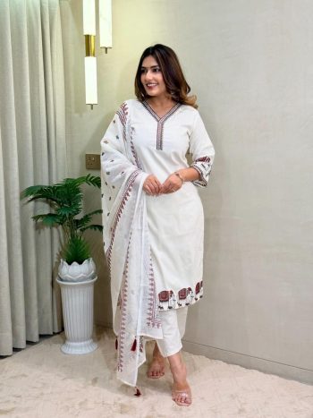 RICH LOOK KHADI COTTON EMBROIDERY WORK TOP BOTTOM WITH DUPATTA OFF WHITE