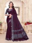 RICH LOOK LINEN WEAVING WORK SAREE WITH UNSTITCHED BLOUSE WINE