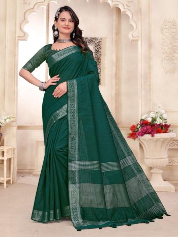 RICH LOOK LINEN WEAVING WORK SAREE WITH UNSTITCHED BLOUSE GREEN