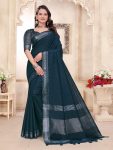 RICH LOOK LINEN WEAVING WORK SAREE WITH UNSTITCHED BLOUSE TEAL
