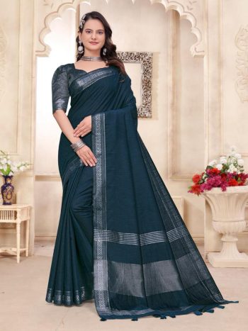 RICH LOOK LINEN WEAVING WORK SAREE WITH UNSTITCHED BLOUSE TEAL