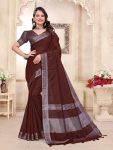 RICH LOOK LINEN WEAVING WORK SAREE WITH UNSTITCHED BLOUSE BROWN