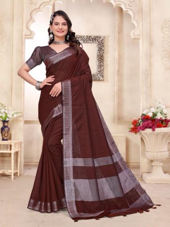 RICH LOOK LINEN WEAVING WORK SAREE WITH UNSTITCHED BLOUSE BROWN