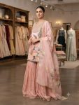 RICH LOOK ORGANZA PRINTED SEQUENCE EMBROIDERY WORK TOP SHARARA WITH DUPATTA PEACH
