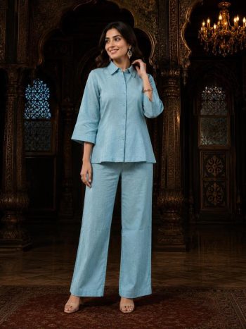 RICH LOOK RADO CRUSH VISCOSE PLAIN CO-ORD SET SKY