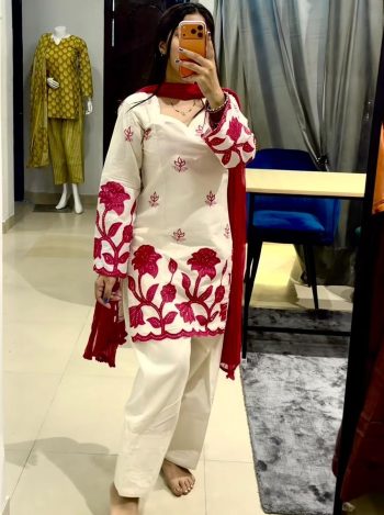 RICH LOOK RAYON COTTON EMBROIDERY PIPES SEQUENCE WORK  TOP PATIYALA WITH DUPATTA OFF WHITE AND RED