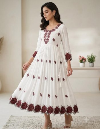 RICH LOOK RAYON EMBROIDERY  WORK GOWN WHITE AND MAROON