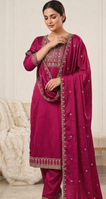 RICH LOOK RAYON EMBROIDERY WORK TOP BOTTOM WITH DUPATTA PINK