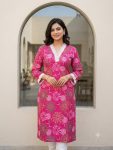 RICH LOOK RAYON FLORAL & GEOMETRIC PRINT WITH LACE WORK KURTI PINK