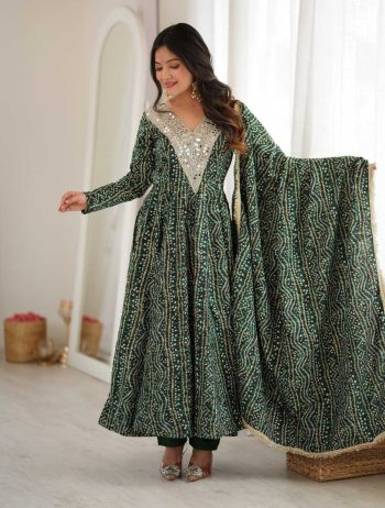 RICH LOOK RAYON MIRROR EMBROIDERY WORK GOWN BOTTOM WITH DUPATTA GREEN