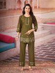 RICH LOOK RAYON MULTI EMBROIDERY THREAD WITH HAND WORK CO-ORD SET MEHNDI