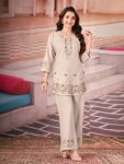 RICH LOOK RAYON MULTI EMBROIDERY THREAD WITH HAND WORK CO-ORD SET CREAM