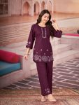RICH LOOK RAYON MULTI EMBROIDERY THREAD WITH HAND WORK CO-ORD SET WINE