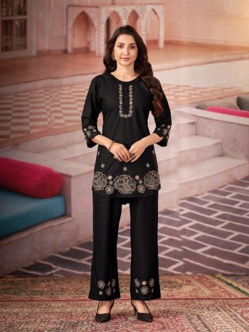 RICH LOOK RAYON MULTI EMBROIDERY THREAD WITH HAND WORK CO-ORD SET BLACK