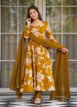 RICH LOOK RAYON SLUB PRINTED WORK ANARKALI BOTTOM WITH DUPATTA YELLOW