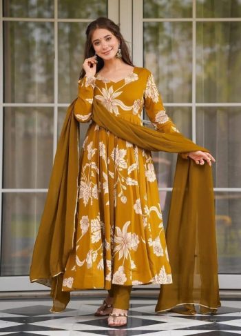 RICH LOOK RAYON SLUB PRINTED WORK ANARKALI BOTTOM WITH DUPATTA YELLOW