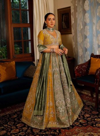 RICH LOOK ROMAN SATIN SILK SEQUENCE , DORI & THREAD WORK LEHENGA CHOLI WITH DUPATTA YELLOW AND GREEN