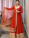 RICH LOOK ROMAN SILK EMBROIDERY LACE  WORK WITH REAL MIRROR WITH FANCY CODING DORI LACE WORK  GOWN BOTTOM WITH DUPATTA ORANGE