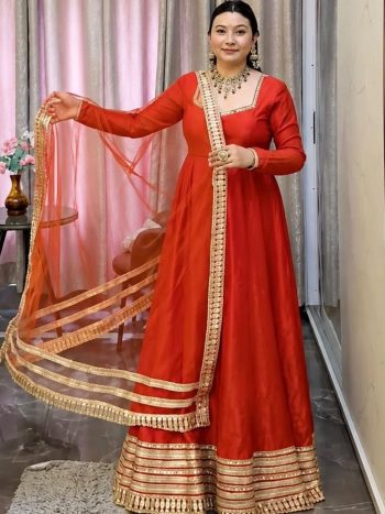 RICH LOOK ROMAN SILK EMBROIDERY LACE  WORK WITH REAL MIRROR WITH FANCY CODING DORI LACE WORK  GOWN BOTTOM WITH DUPATTA ORANGE