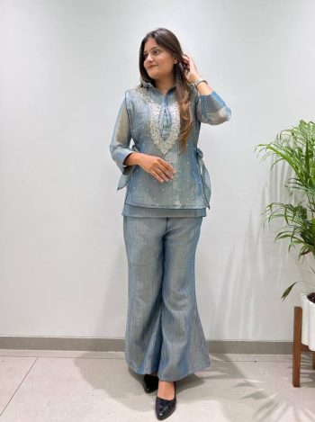 RICH LOOK SALSA SILK PLAIN TOP PALAZZO WITH EMBROIDERY BEADS WORK SHRUG GREY