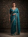 RICH LOOK SATIN CHIFFON EMBROIDERY WORK LACE BORDER SAREE WITH UNSTITCHED BLOUSE TEAL