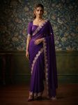 RICH LOOK SATIN CHIFFON EMBROIDERY WORK LACE BORDER SAREE WITH UNSTITCHED BLOUSE PURPLE