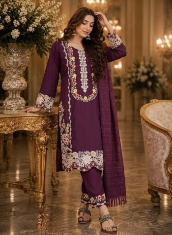 RICH LOOK SATIN RAYON EMBROIDERY THREAD WORK TOP BOTTOM WITH DUPATTA WINE