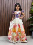 RICH LOOK SILK ZARI POSITION PRINT WORK KID'S GOWN WITH JACKET WHITE AND PURPLE